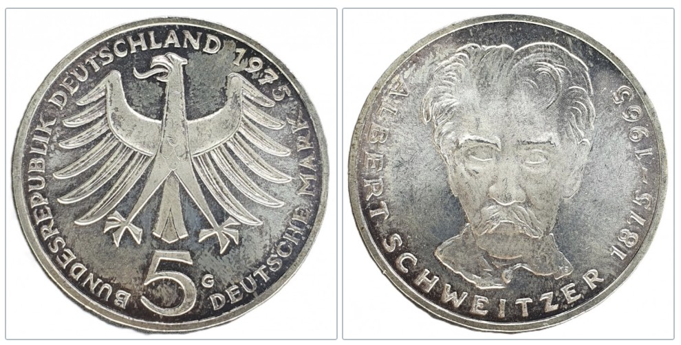  Deutschland 5 Mark 1975 G -- 100. Geburtstag von Albert Schweitzer Silber 7g fein   