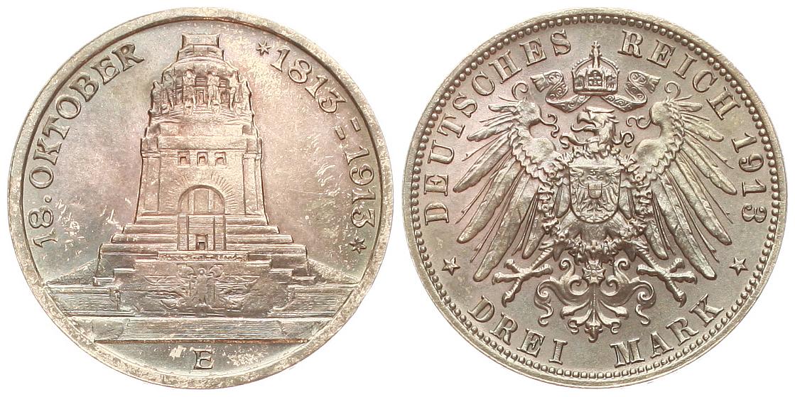  Sachsen: Friedrich August III., 3 Mark 1913, Völkerschlachtdenkmal, wunderbare patina!   