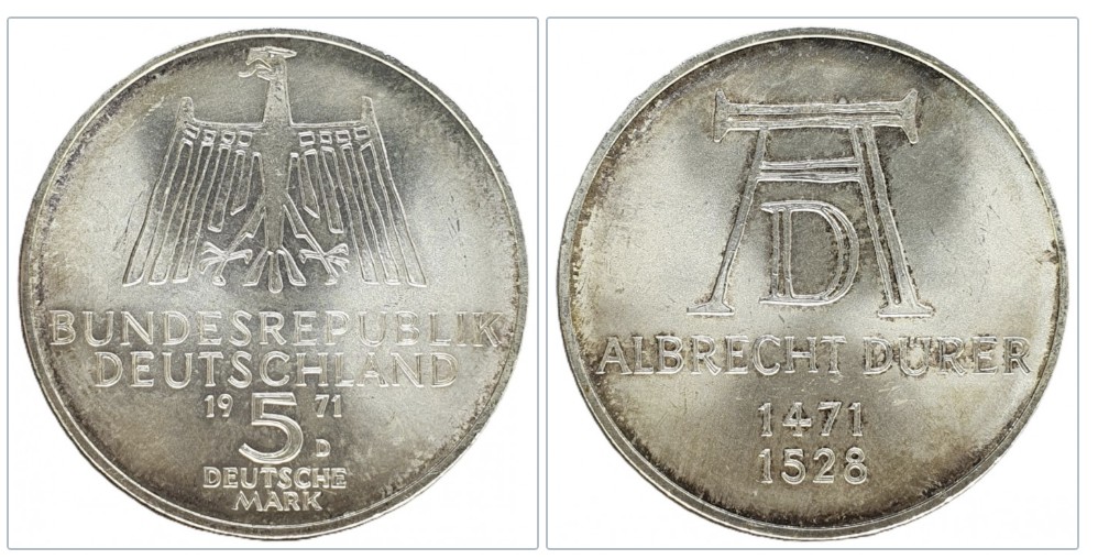  Deutschland 5 Mark 1971 D -- 500. Geburtstag von Albrecht Dürer Silber 7g fein   