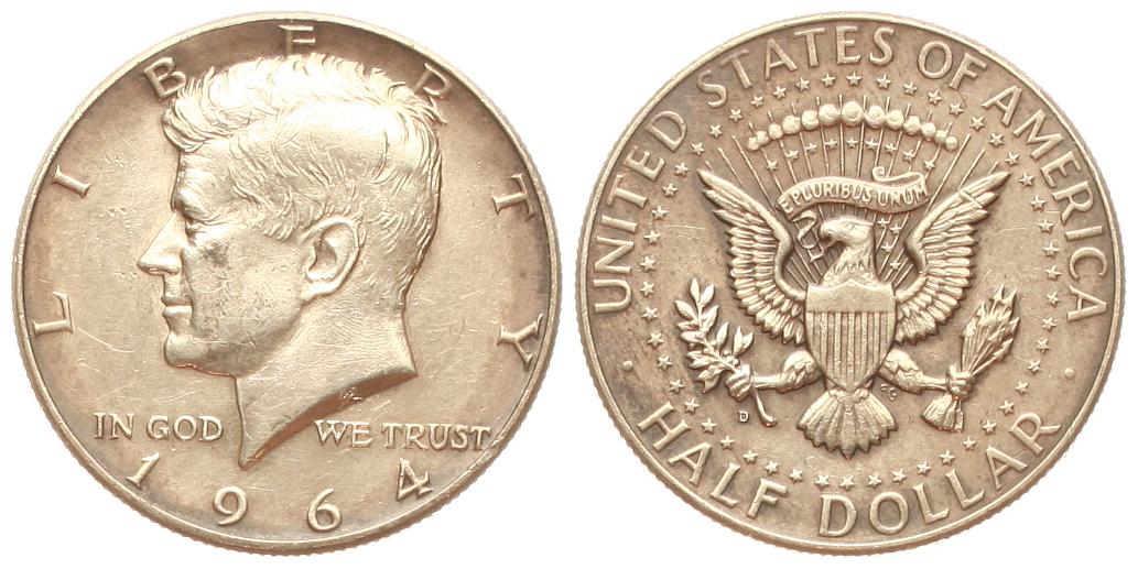  USA: 1/2 Dollar (Kennedy) 1964, 900er Silber!, schöne Patina!   