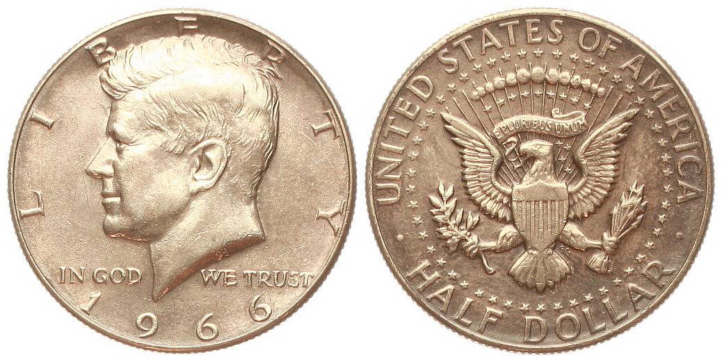  USA: 1/2 Dollar (Kennedy) 1966, 400er Silber!, schöne Patina!   