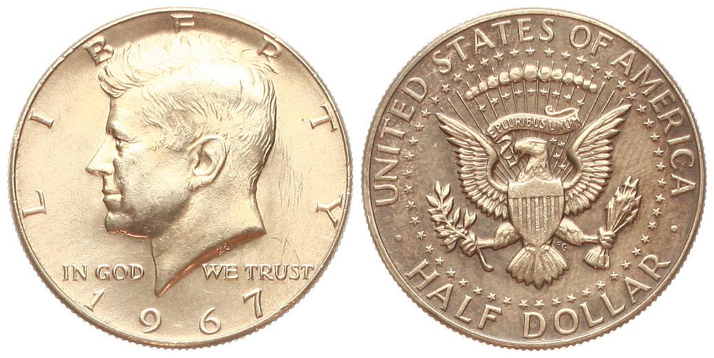  USA: 1/2 Dollar (Kennedy) 1967, 400er Silber!, schöne Patina!   