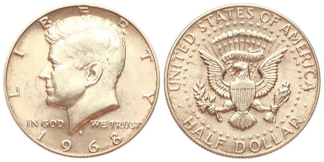  USA: 1/2 Dollar (Kennedy) 1968, 400er Silber!, schöne Patina!   