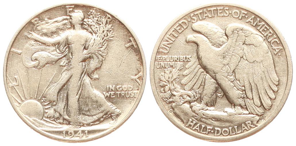  USA: Half Dollar 1941 D, Walking Liberty, 12,5 gr. 900er Silber, 11,25 fein! siehe Bilder!   