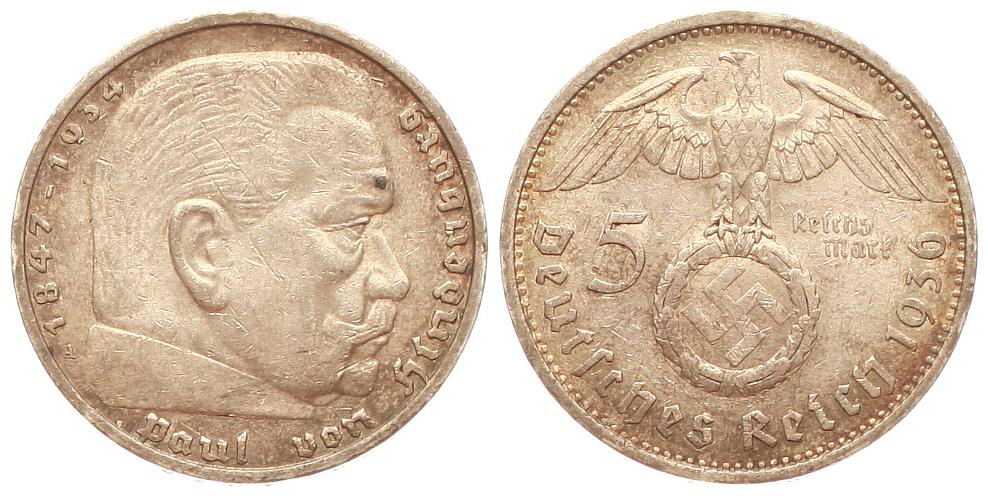  Deutschland: Drittes Reich, 5 Mark 1936 A, 13,8 gr. 900er Silber, 12,5 gr, fein   