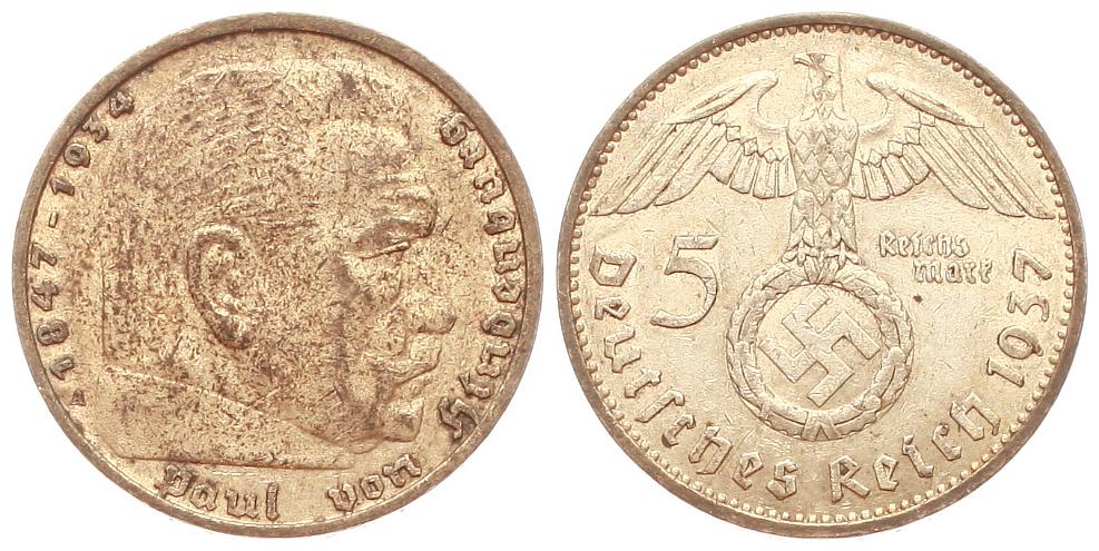  Deutschland: Drittes Reich, 5 Mark 1937 A, 13,8 gr. 900er Silber, 12,5 gr, fein   