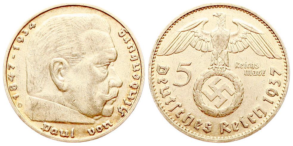  Deutschland: Drittes Reich, 5 Mark 1937 D, 13,8 gr. 900er Silber, 12,5 gr, fein   