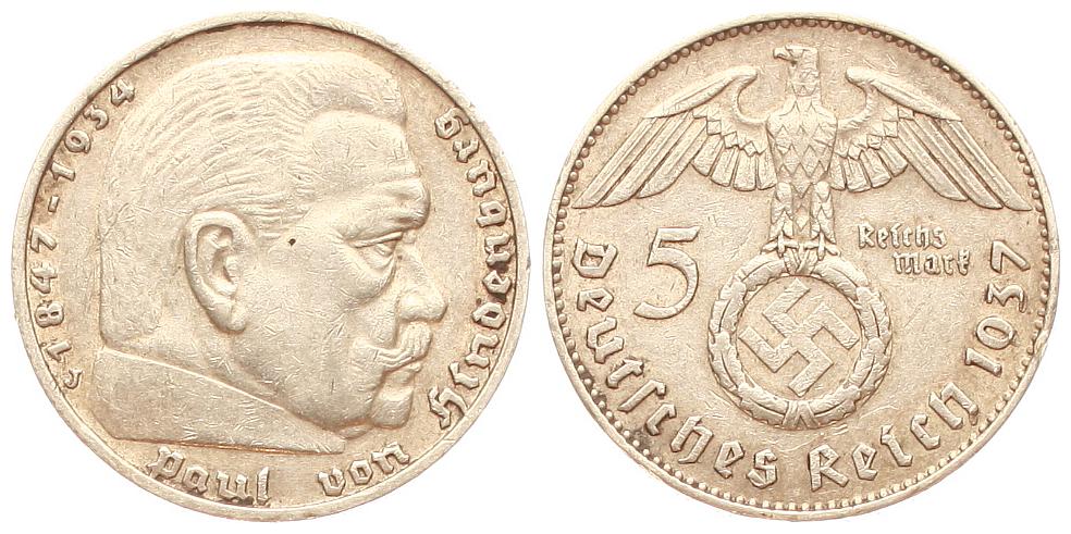  Deutschland: Drittes Reich, 5 Mark 1937 J, 13,8 gr. 900er Silber, 12,5 gr, fein   