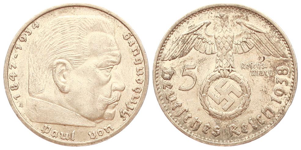  Deutschland: Drittes Reich, 5 Mark 1938 A, 13,8 gr. 900er Silber, 12,5 gr, fein   