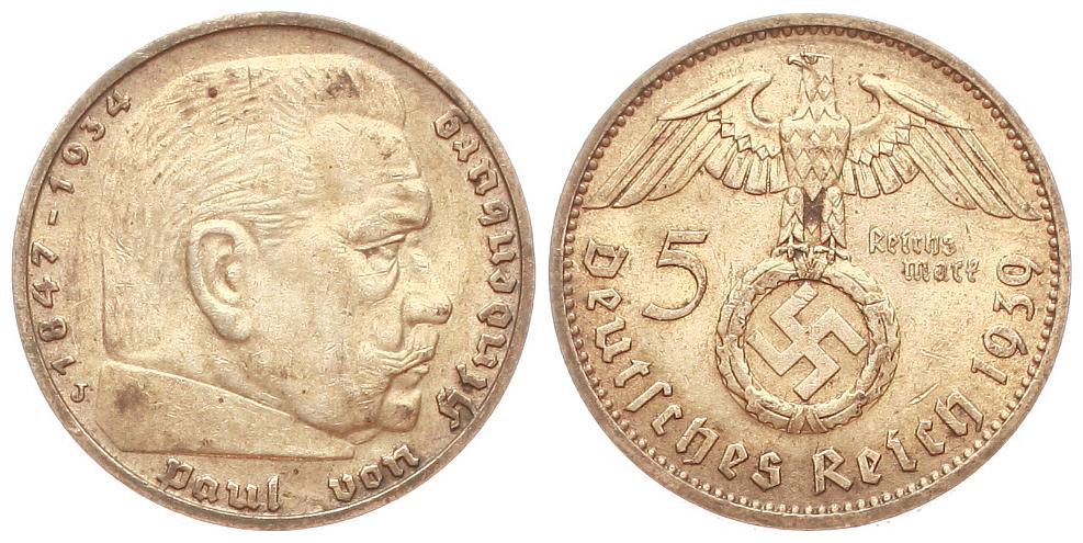  Deutschland: Drittes Reich, 5 Mark 1939 J, 13,8 gr. 900er Silber, 12,5 gr, fein   