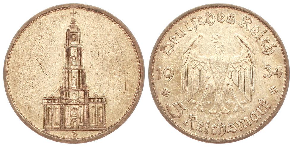  Deutschland: Drittes Reich, 5 Mark 1934 D, 13,88 gr. 900er Silber, 12,5 gr, fein   