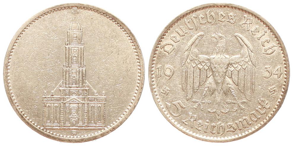  Deutschland: Drittes Reich, 5 Mark 1934 A, 13,88 gr. 900er Silber, 12,5 gr, fein   