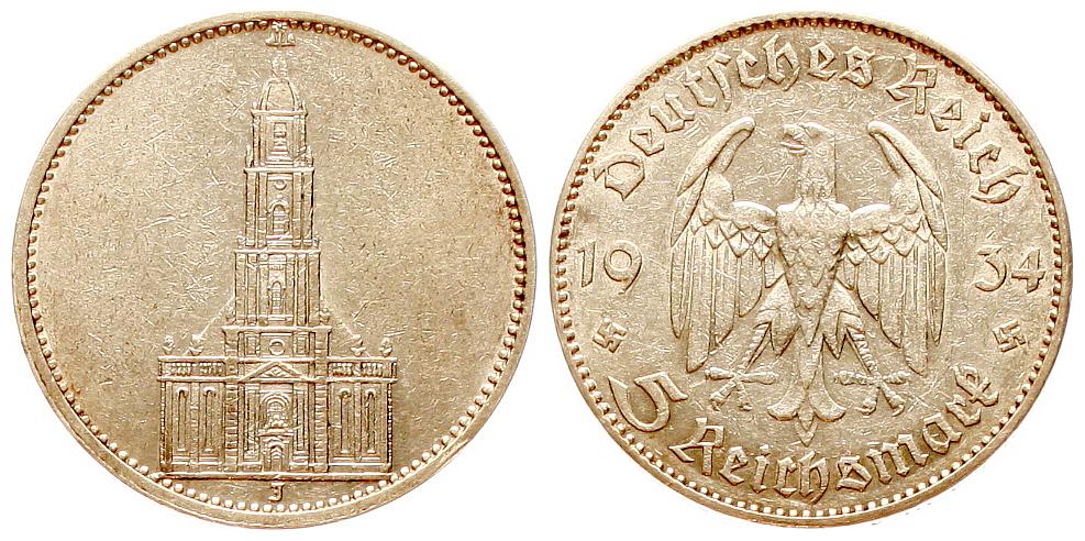  Deutschland: Drittes Reich, 5 Mark 1934 J, 13,88 gr. 900er Silber, 12,5 gr, fein   