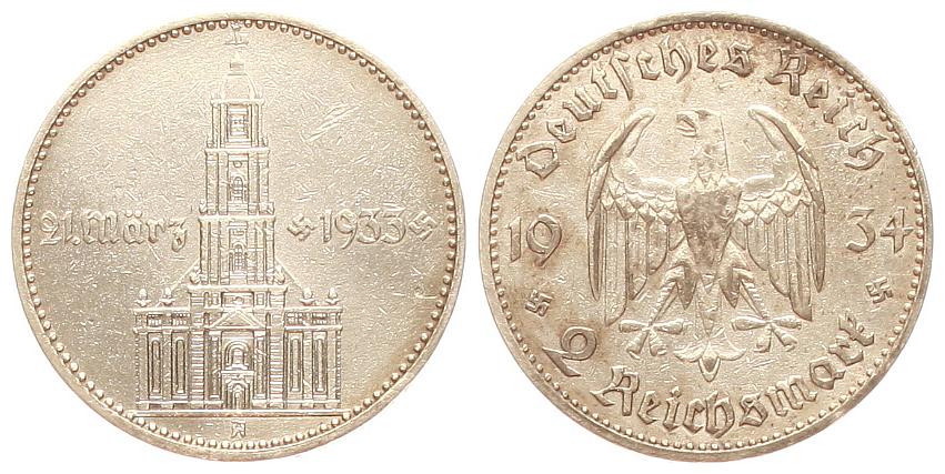  Deutschland: Drittes Reich,2 Mark 1934 A, mit Datum, 8 gr. 625er Silber,5 gr, fein   
