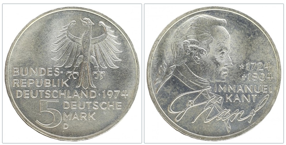  Deutschland 5 Mark 1974 D -- 250. Geburtstag von Immanuel Kant Silber 7g fein   