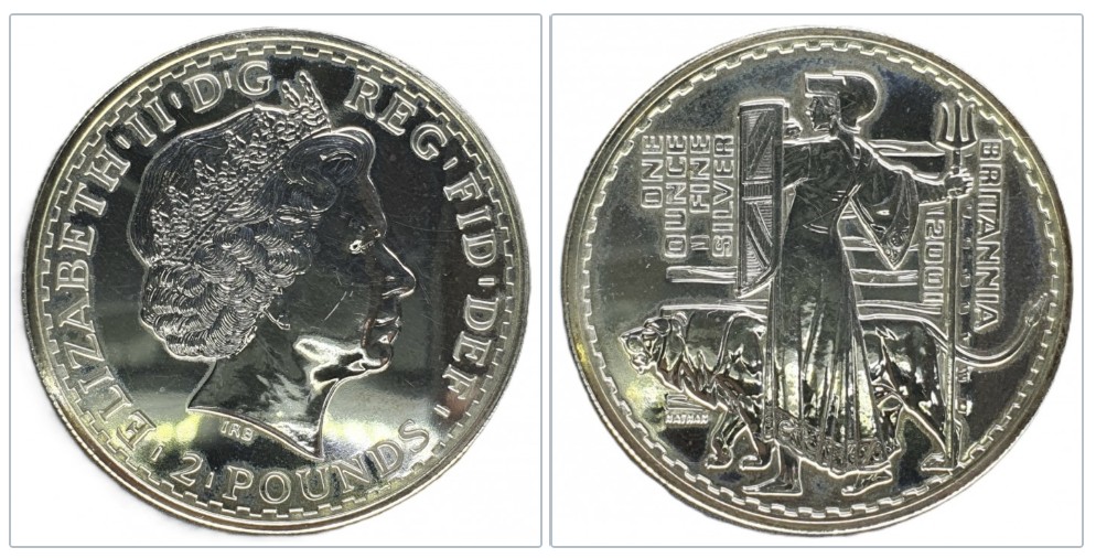  Großbritannien 2 Pfund 2001 Britannia mit Löwe 1 Oz Silber Feingewicht - 31,10 Gramm   