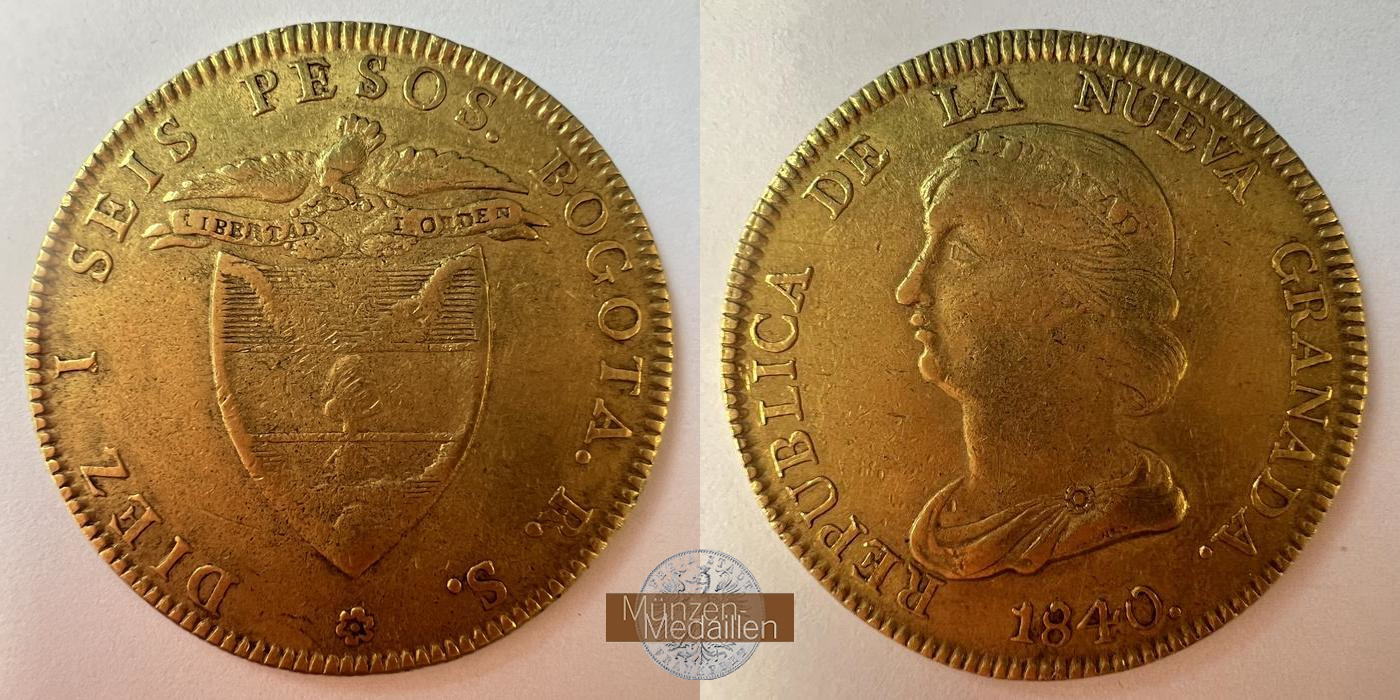  Kolumbien, 1831-1858.  16 Pesos 1840 R.S.  MM-Frankfurt  KM#94.1 Feingold: 23,625g   