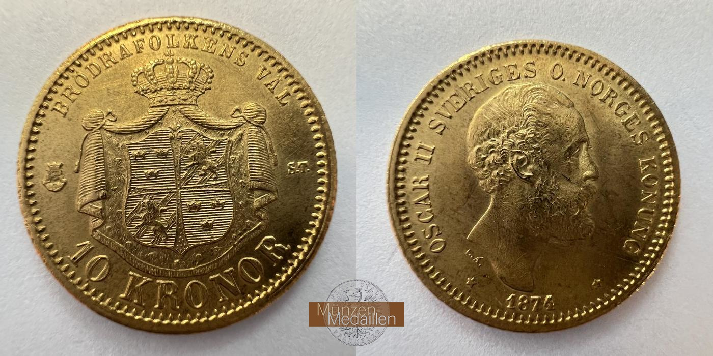  Schweden, Oscar II. 1872-1907.  10 Kronor 1874.  MM-FRANKFURT KM#732 Feingold: 4,03g   