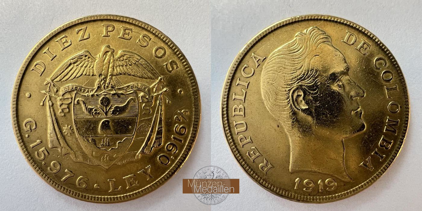  Kolumbien 10 Pesos 1919 MM-FRANKFURT KM#202 Feingold: 14,65g   