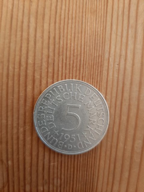  BRD 1951 D, 5 DM Silbermünze Heiermann sehr schön erhalten   