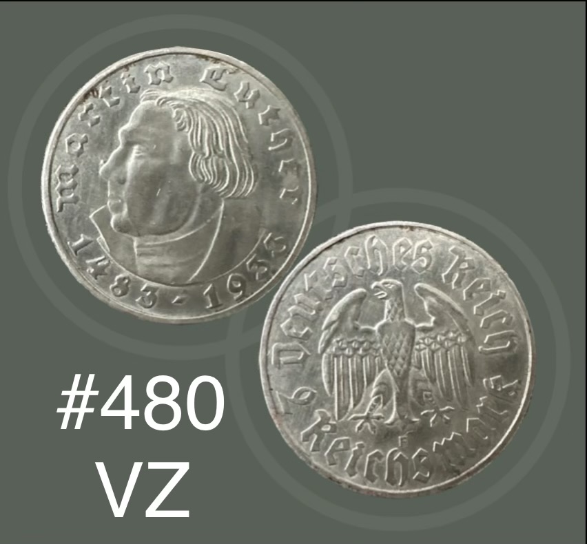  #480 Deutschland Drittes Reich 2 Reichsmark 1933F 450 Jahre Geburt Martin Luther KM#79 VZ   