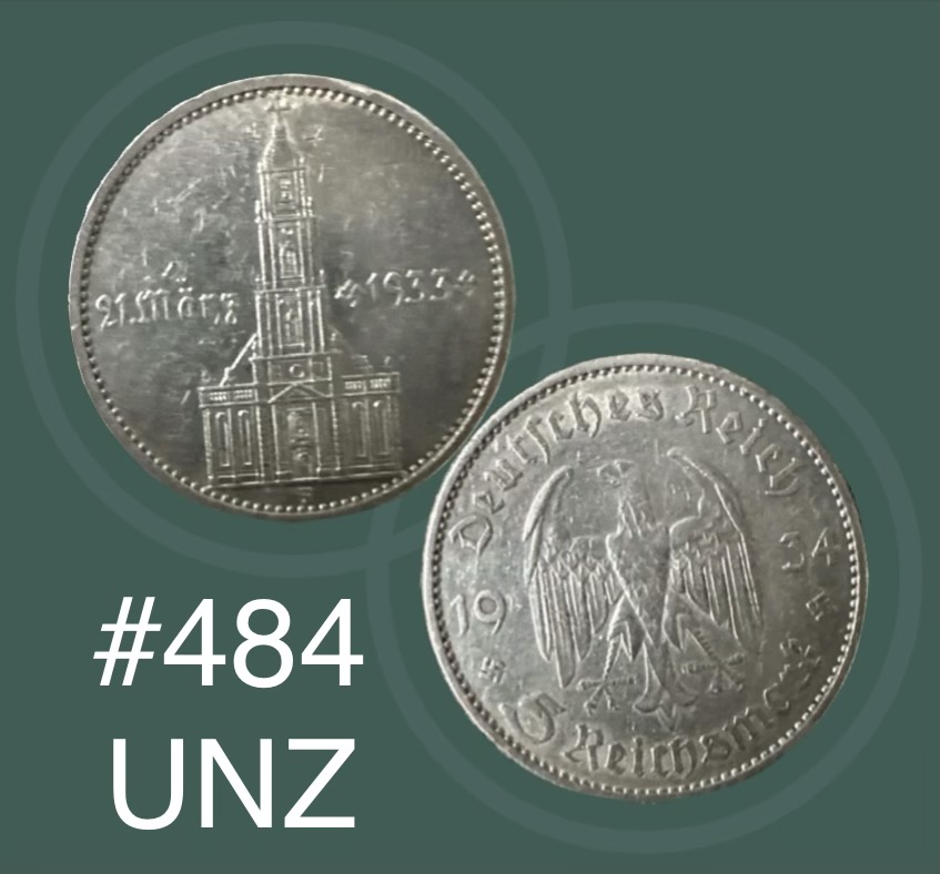  #484 Deutschland-Drittes Reich-5 Reichsmark-1.Jahrestag Garnisonkirche Potsdam-1934A-UNZ-KM# 82   