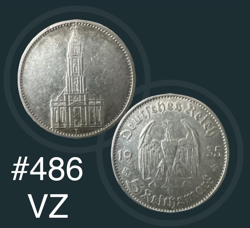  #486 Deutschland-Drittes Reich-5 Reichsmark-1.Jahrestag Garnisonkirche Potsdam-1935D-VZ-KM#83   