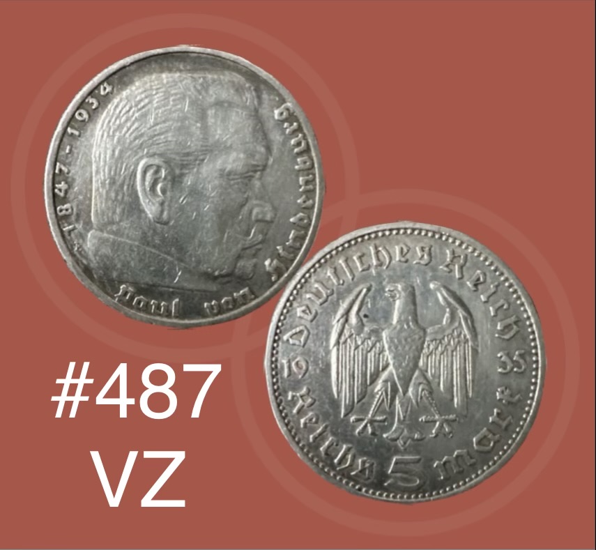  #487 Deutschland - Drittes Reich- 5 Reichsmark- Gemeinsame Serie-1935A-VZ-KM# 86   