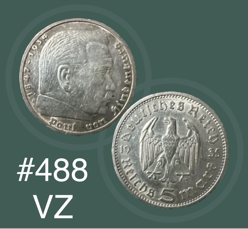  #488  Deutschland - Drittes Reich- 5 Reichsmark- Gemeinsame Serie-1935A-VZ-KM# 86   