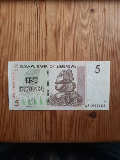 Reserve Bank of Zimbabwe 2007, Five Dollars Banknote, gut erhalten