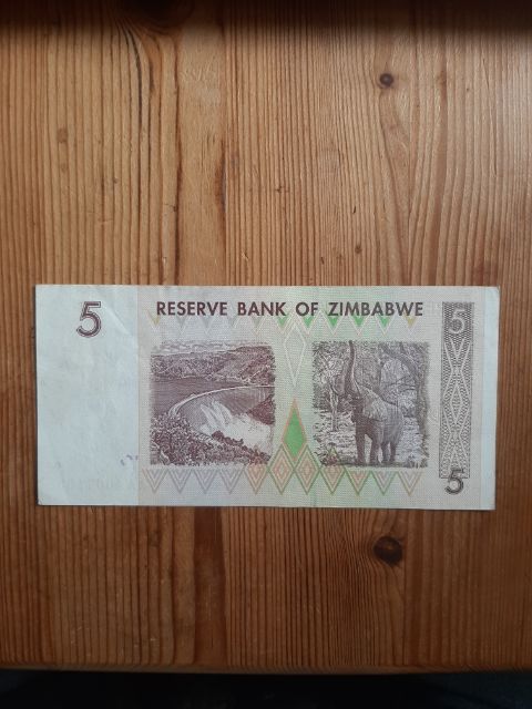  Reserve Bank of Zimbabwe 2007, Five Dollars Banknote, gut erhalten   