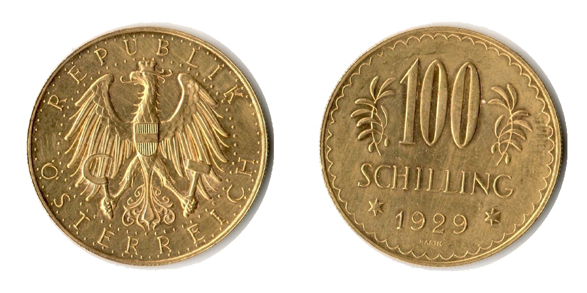  Österreich, 1. Republik 1925-1938.  100 Schilling 1929.  MM-Frankfurt KM#2842 Feingold: 21,17g   