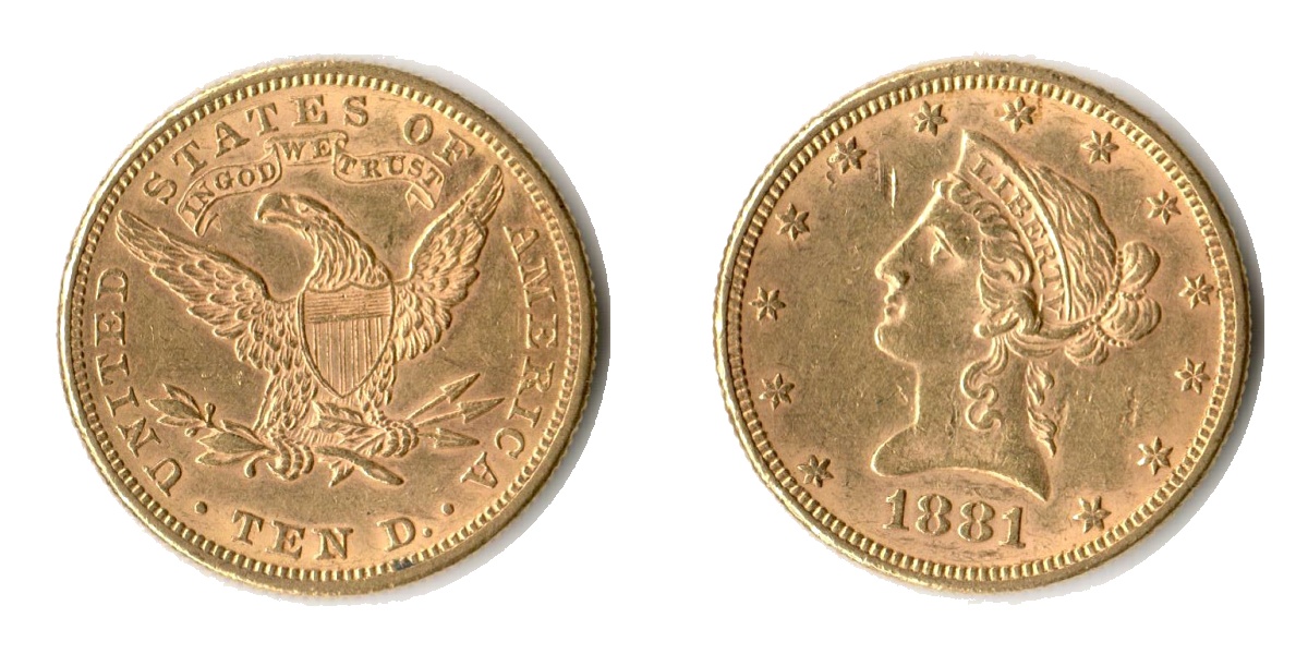 USA  10 Dollar MM-Frankfurt Feingold: 15,05g Eagle - Liberty Head 1881 