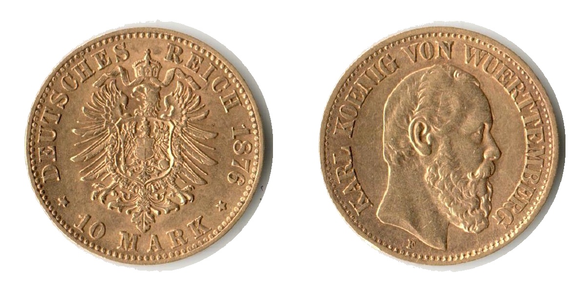 Deutsches Kaiserreich. Württemberg MM-Frankfurt Feingold: 3,58g König Karl 1864-1891. 10 Mark 1876 F 
