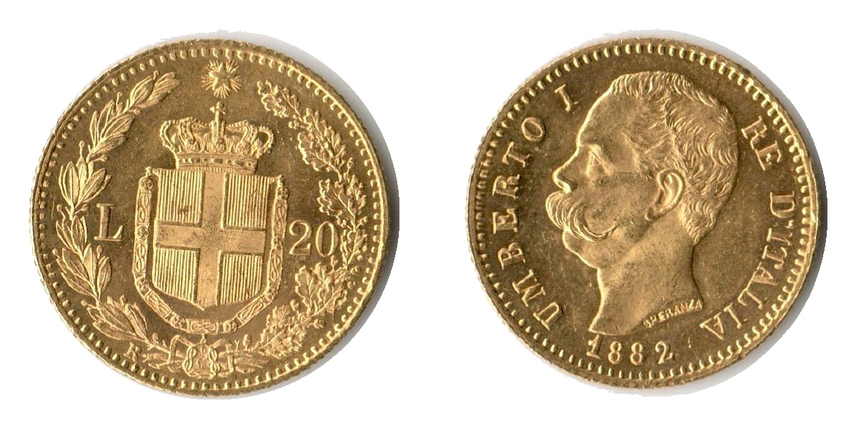 Italien, Umberto I MM-Frankfurt KM#21 Feingold: 5,81g 20 Lire (1879-1897) 1882 R 