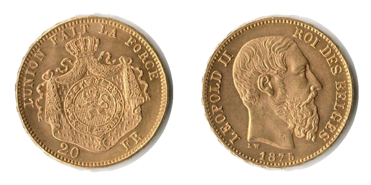 Belgien  20 Francs MM-Frankfurt Feingold: 5,81g Leopold II. 1865-1909 1875 
