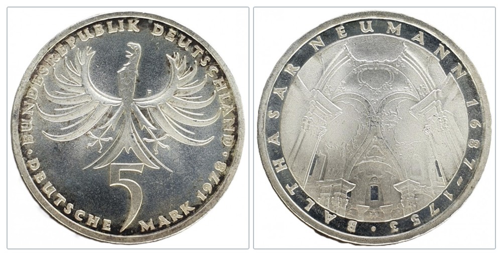  Deutschland 5 Mark 1978 F -- 225. Todestag von Johann Balthasar Neumann Silber 7g fein   