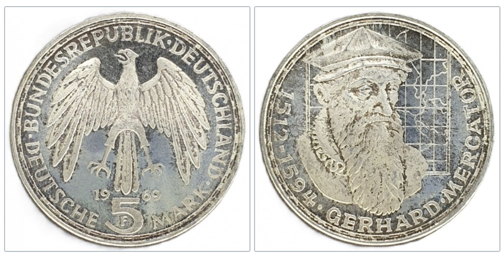  Deutschland 5 Mark, 1969 F 375. Todestag von Gerhard Mercator Silber 7g fein   