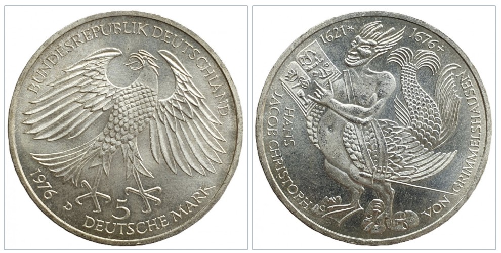  Deutschland 5 Mark 1976 D -- 300. Todestag Hans Jakob Christoffel von Grimmelshausen Silber 7g fein   