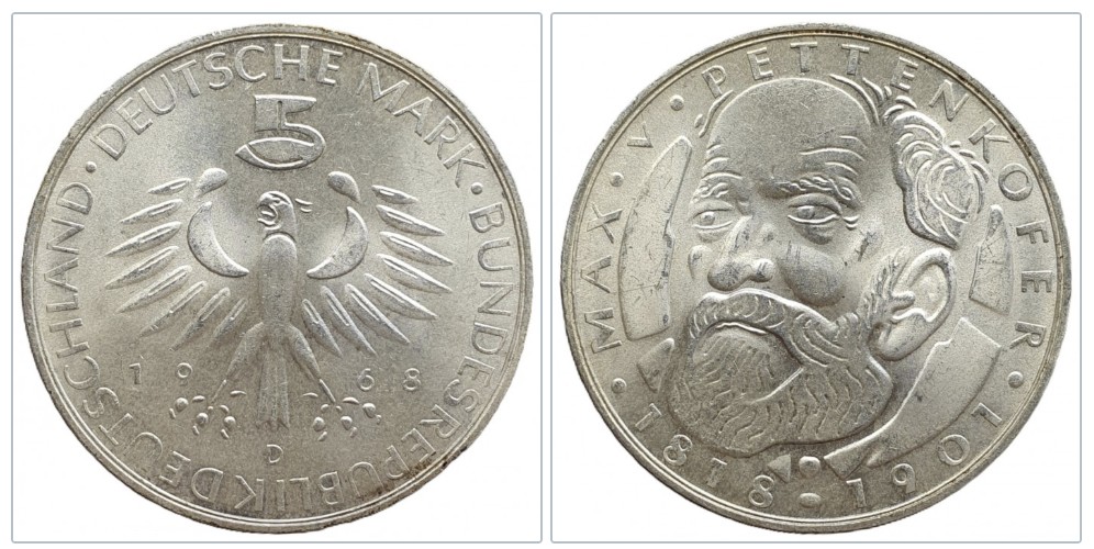 Deutschland 5 Mark 1968 D -- 150. Geburtstag von Max von Pettenkofer Silber 7g fein   