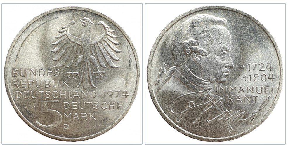  Deutschland 5 Mark 1974 D -- 250. Geburtstag von Immanuel Kant Silber 7g fein   