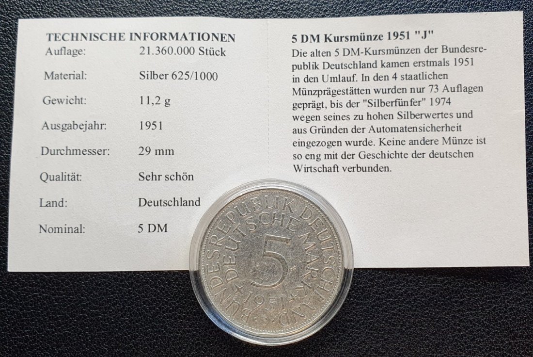  Deutschland 5 Mark 1951 Münzzeichen J Hamburg mit Echtheits-Zertifikat 7 g Silber fein   