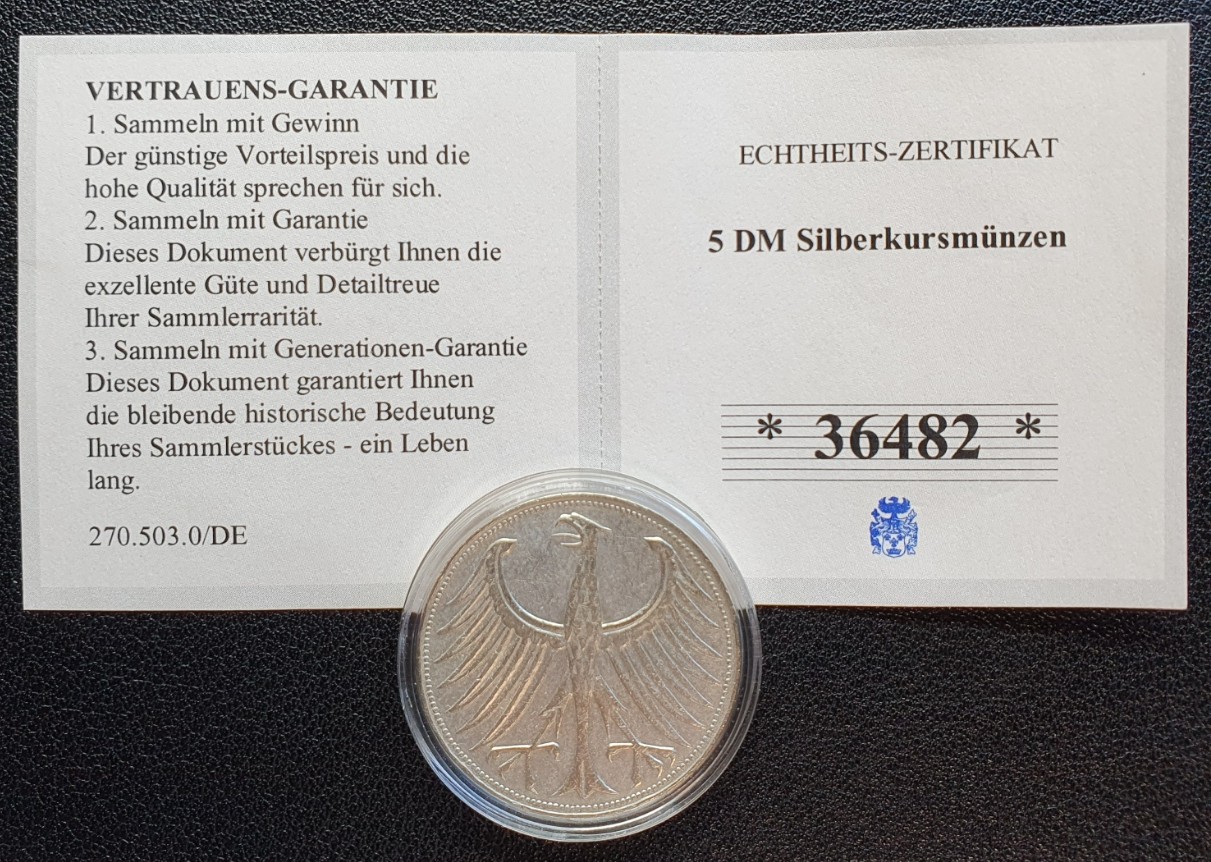  Deutschland 5 Mark 1951 Münzzeichen J Hamburg mit Echtheits-Zertifikat 7 g Silber fein   
