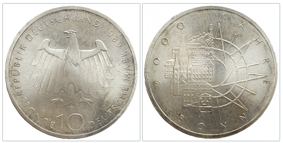  Deutschland 10 Mark 1989 D München -- 2000 Jahre Bonn 9,7 g Silber fein   