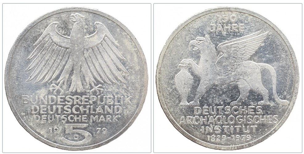  Deutschland 5 Mark 1979 J -- 150 Jahre Deutsches Archäologisches Institut Silber 7g fein   