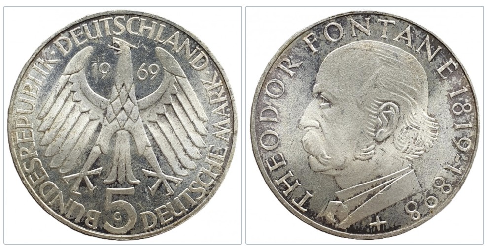  Deutschland 5 Mark 1969 G -- 150. Geburtstag von Theodor Fontane Silber 7g fein   