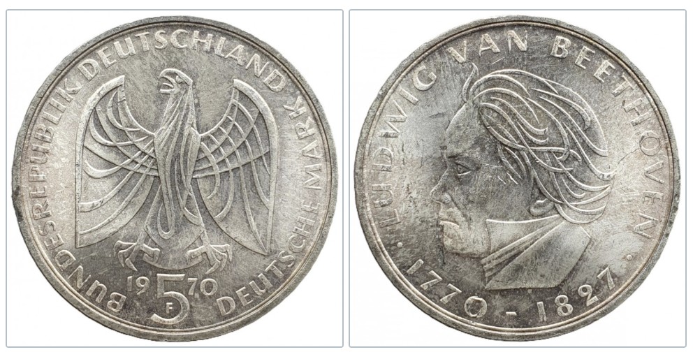  Deutschland 5 Mark 1970 F -- 200. Geburtstag von Ludwig van Beethoven Silber 7g fein   