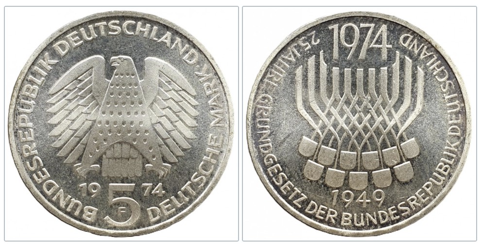  Deutschland 5 Mark 1974 F -- 25 Jahre Grundgesetz der Bundesrepublik Deutschland Silber 7g fein   