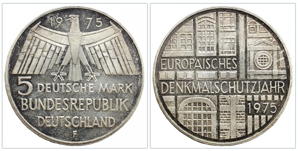  Deutschland 5 Mark 1975 F -- Europajahr der Denkmalpflege Silber 7g fein   