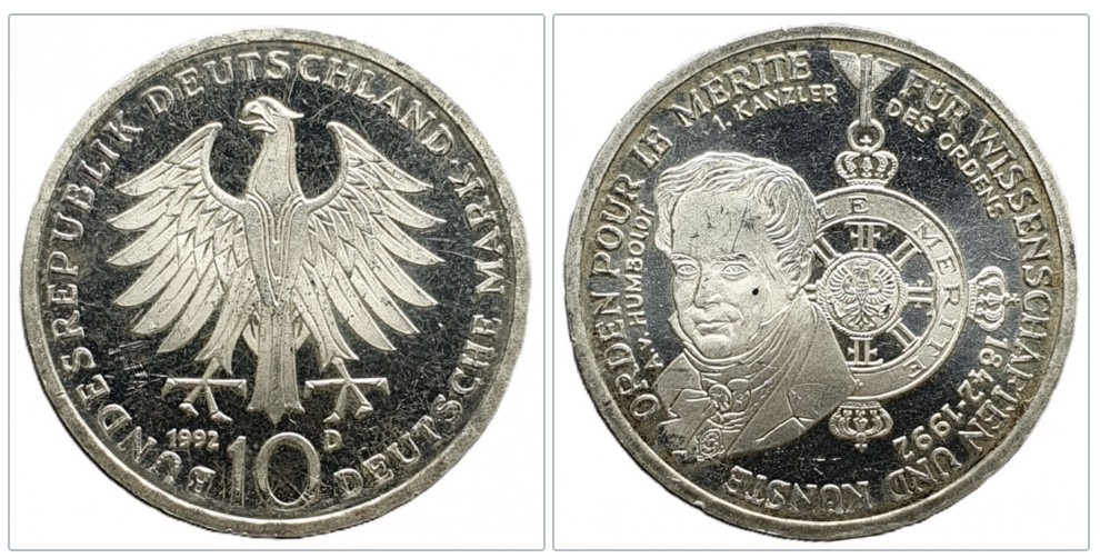  Deutschland 10 Mark 1992 D - 150 Jahre Pour le Mérite für Wissenschaften & Künste 9,7 g Silber fein   